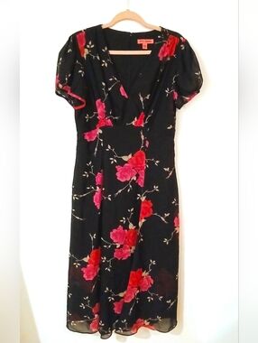 Vintage Betsey Johnson Black Floral Midi Dress Red Roses Sheer Chiffon 12